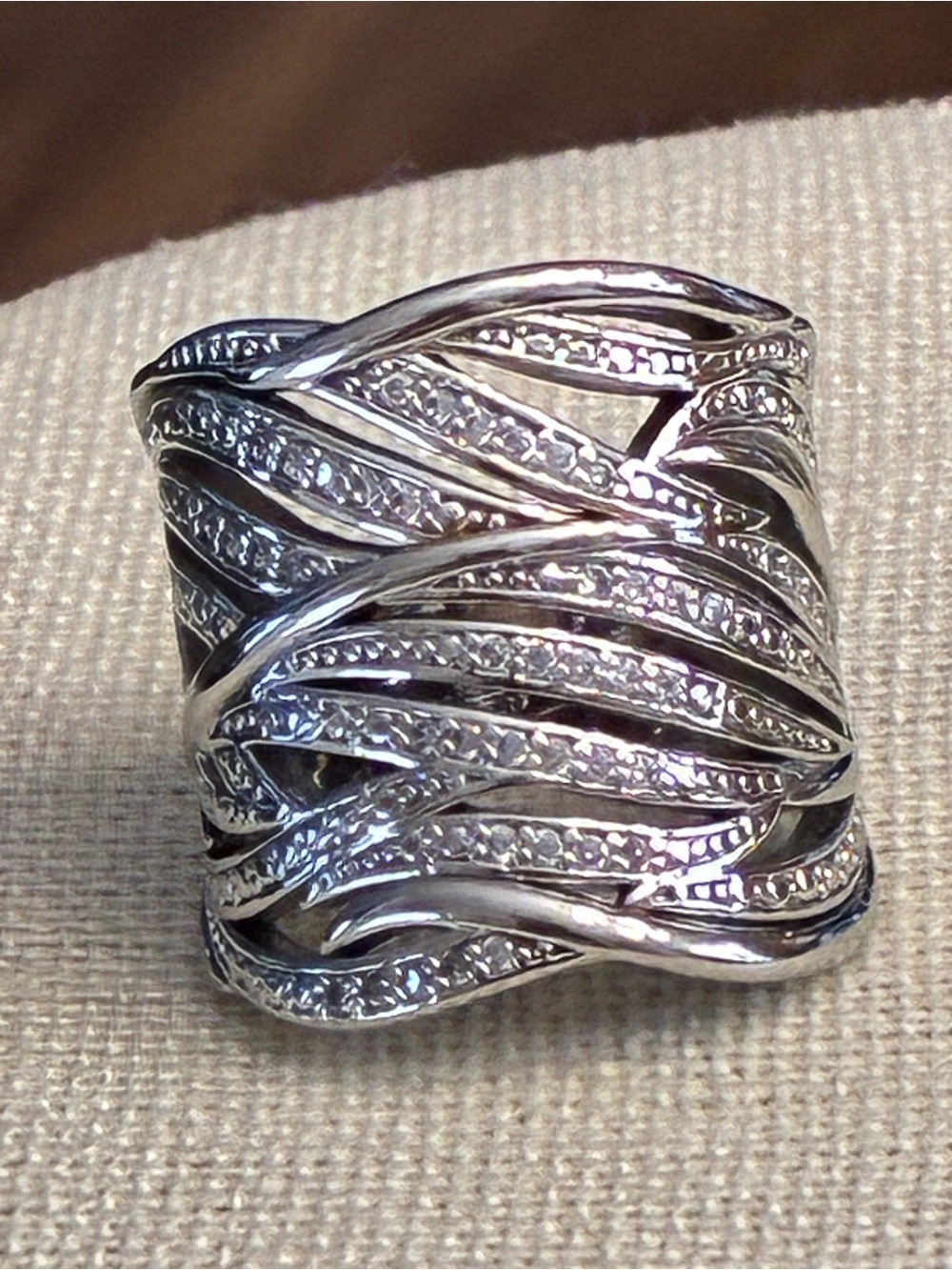 Sterling Silver Wide Wave Band Ring with Pavé Detailing with Tiny Stones